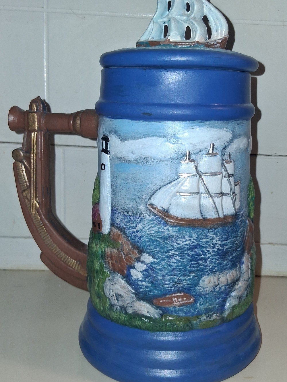 Hand Painted Blue Nautical Ceramic Beer Stein with Ship Relief & Light House